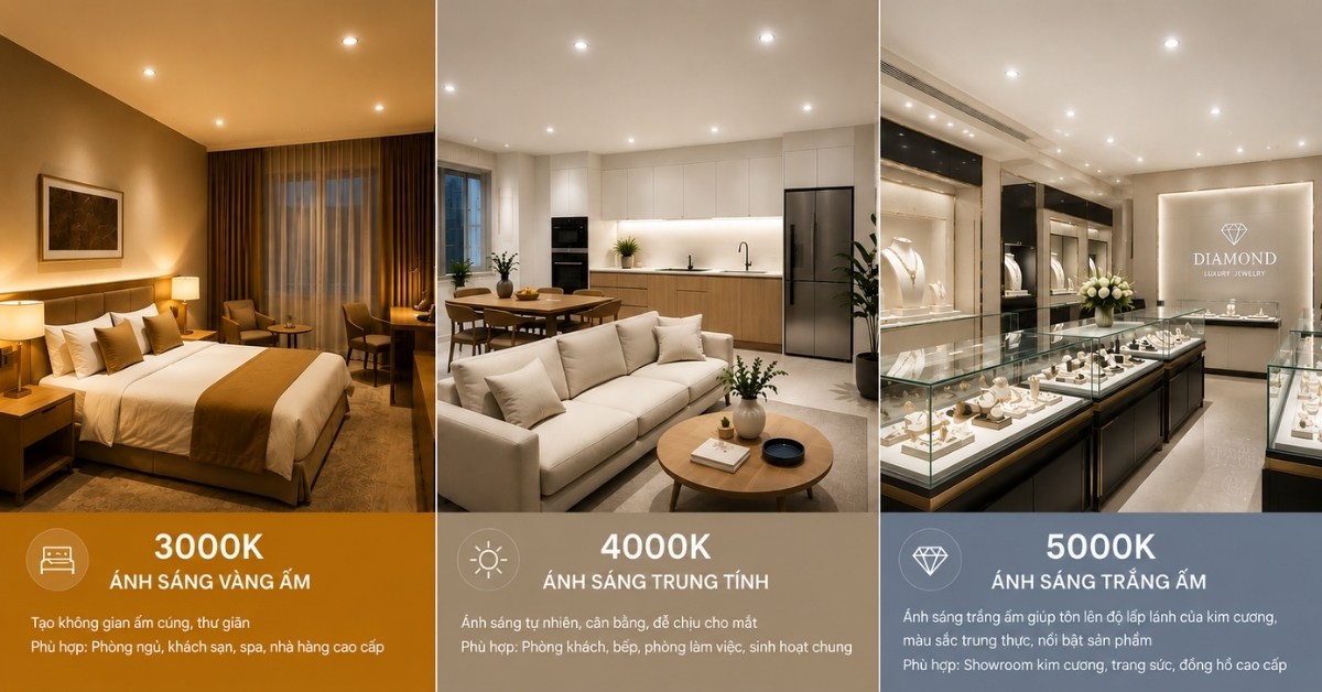 So sánh ánh sáng đèn LED 3000K 4000K 5000K cho phòng ngủ phòng khách và showroom trang sức